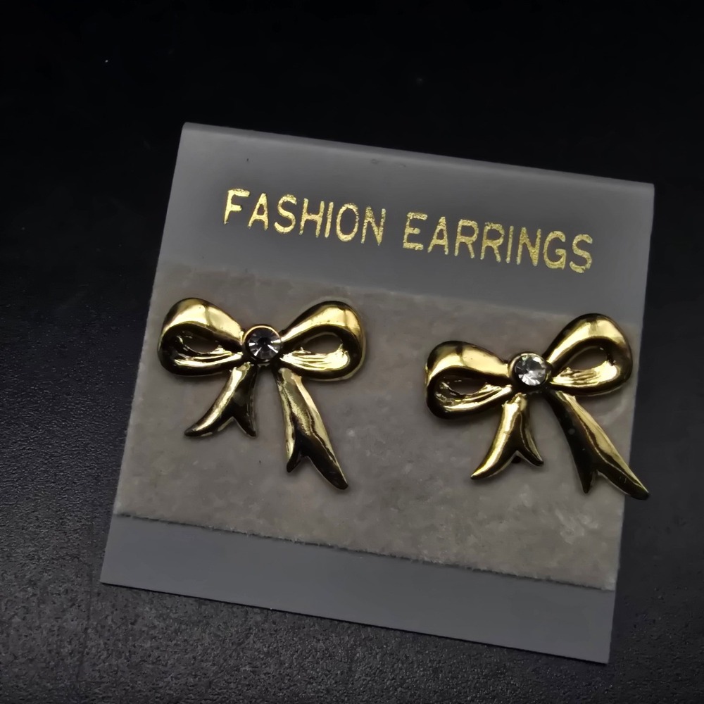 Gold Tone Bow Earrings Pierced Vintage NOS On Card